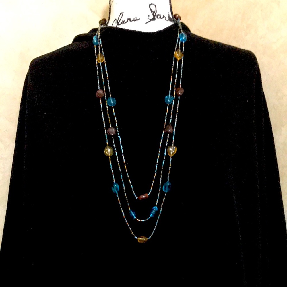 Triple strand glass bead long necklace